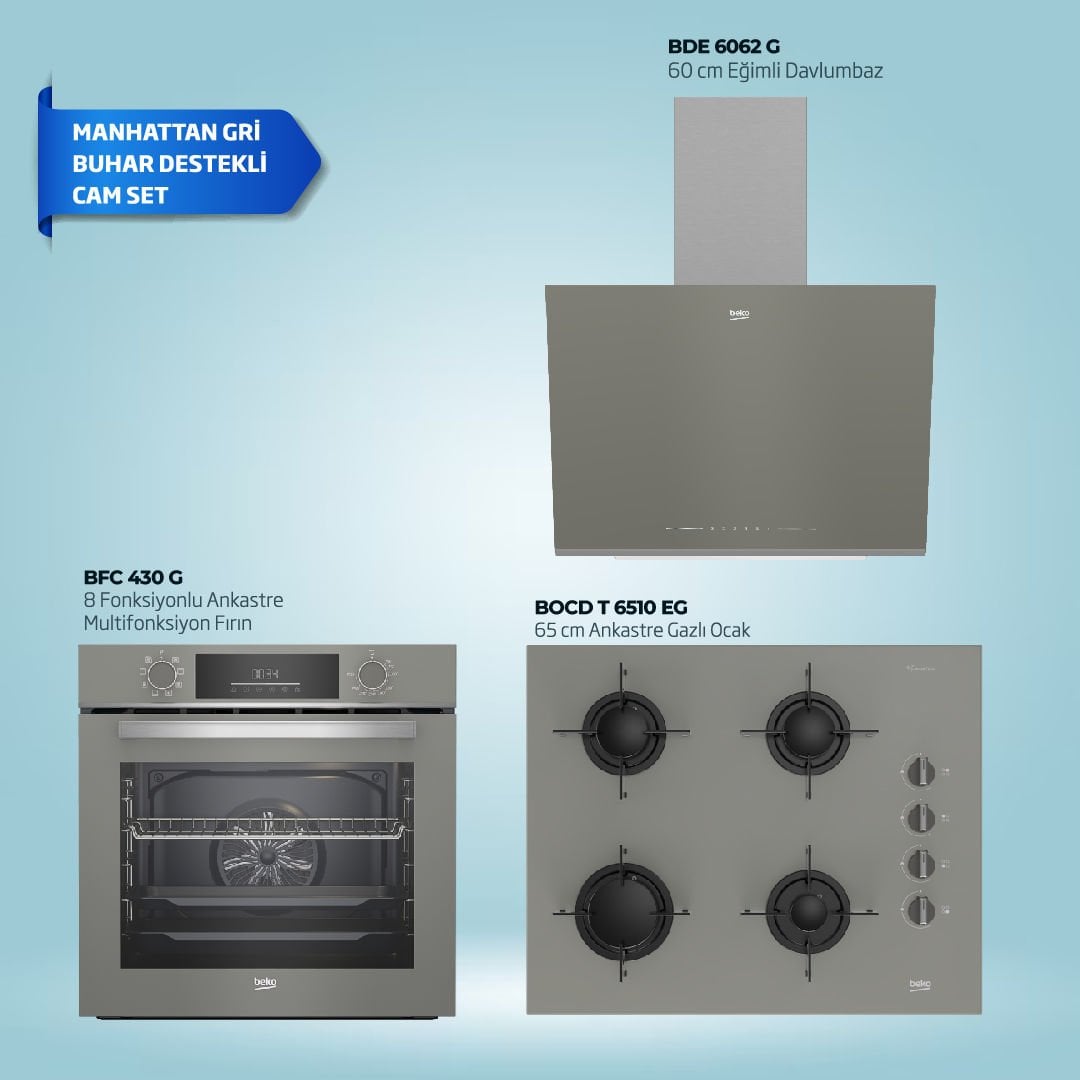 Beko Manhattan Gri Buhar Destekli Cam Ankastre Set