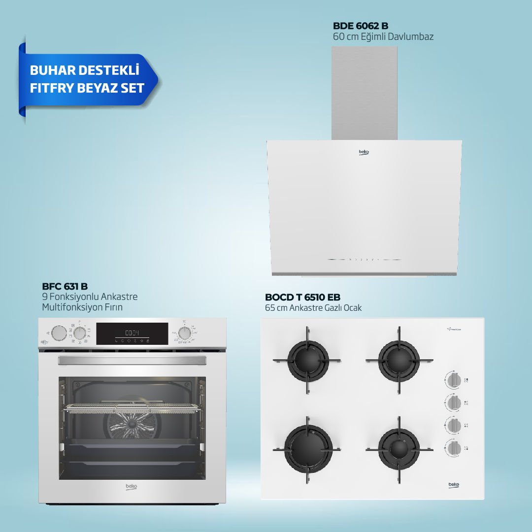 Beko Buhar Destekli Fitfry Beyaz Ankastre Set